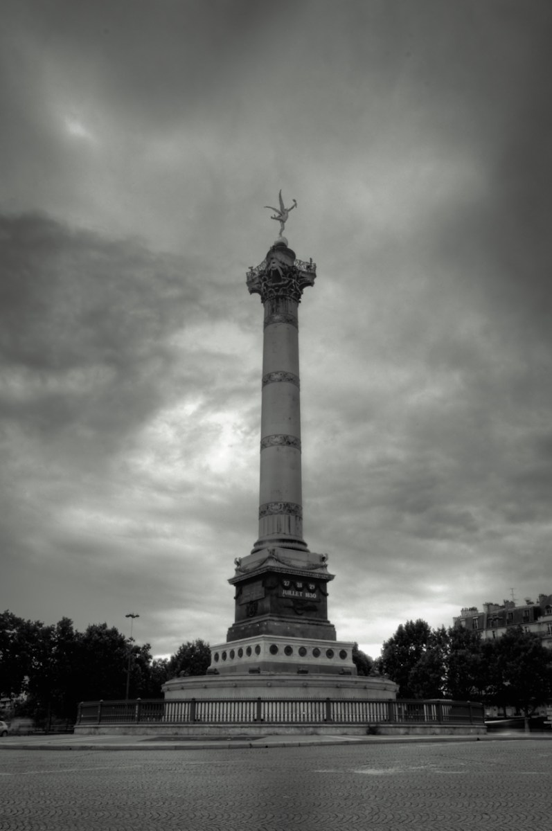 Bastille Square in Paris, HDR in Black and White cloudy day
